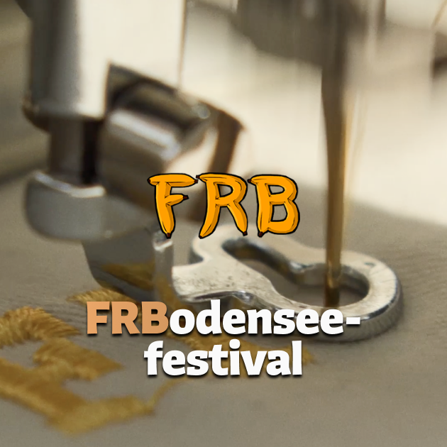 FRBodenseefestival Reel Nähmaschine mit Faden, Logo des Bodensee-Festivals "FRB" in Orange.