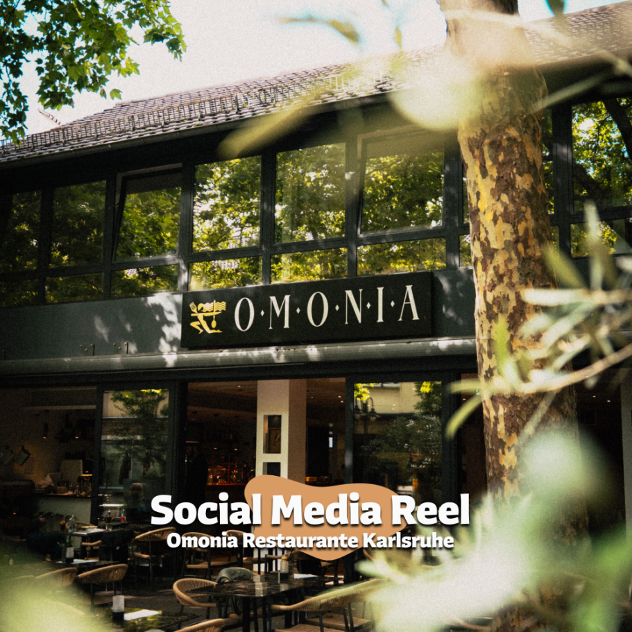 Reel–Produktion Omonia Karlsruhe Restaurant Omonia in Karlsruhe mit Außenansicht und sozialen Medien Hinweis.